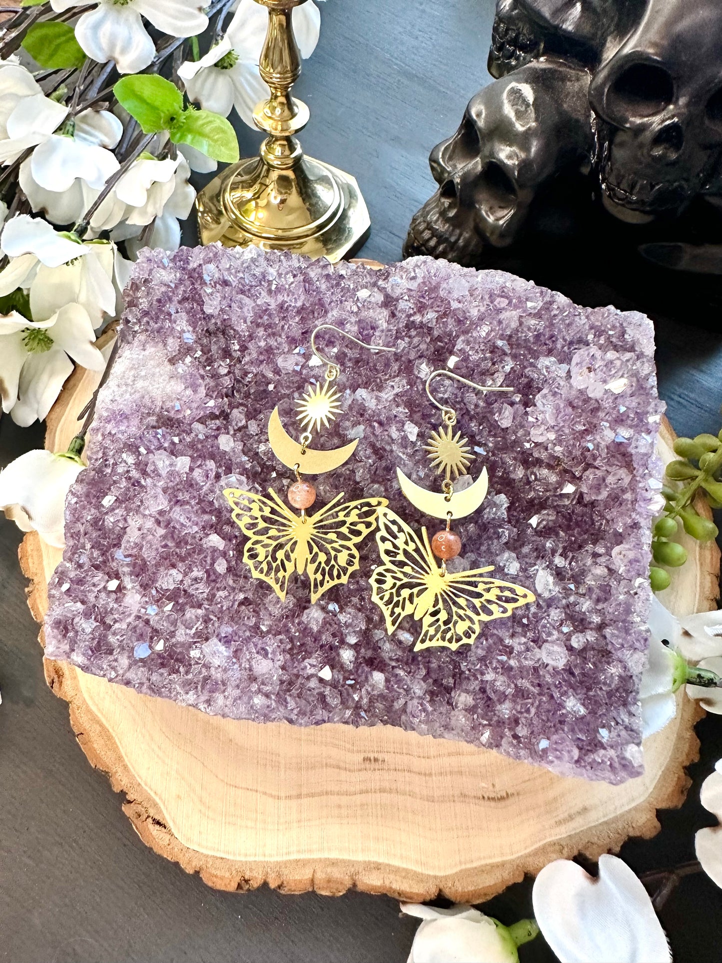 Sunstone celestial butterfly earrings