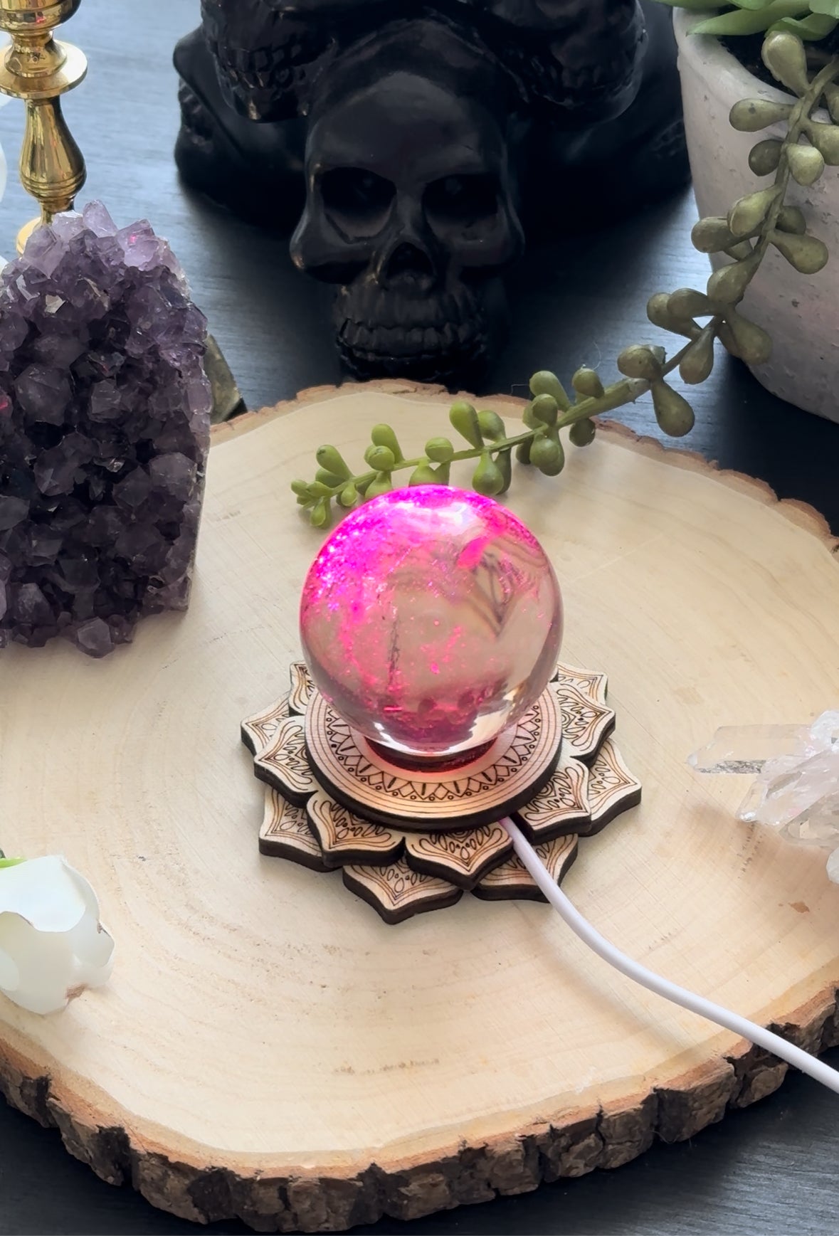 Wood lotus led lighted sphere holder stand