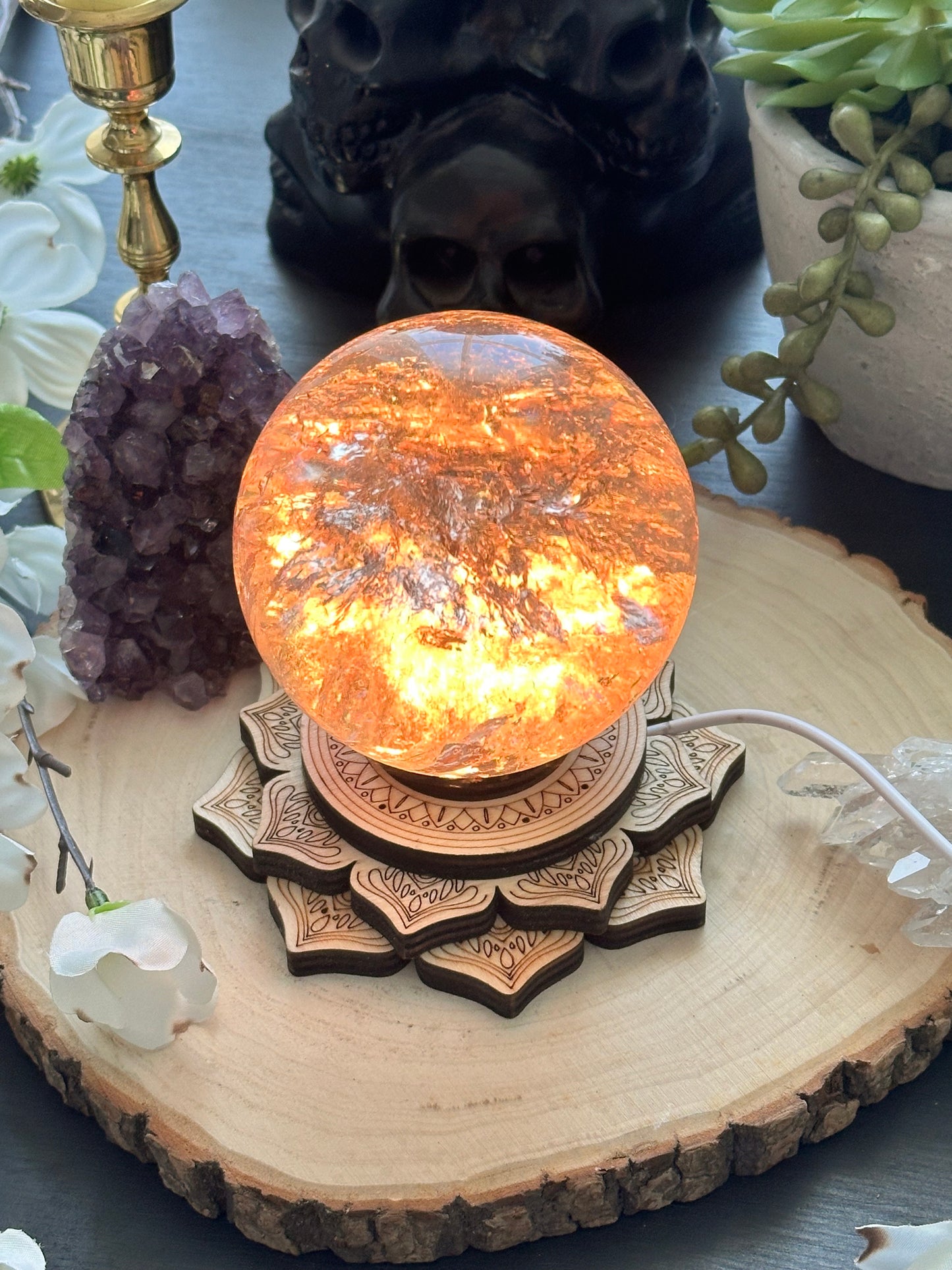Wood lotus led lighted sphere holder stand