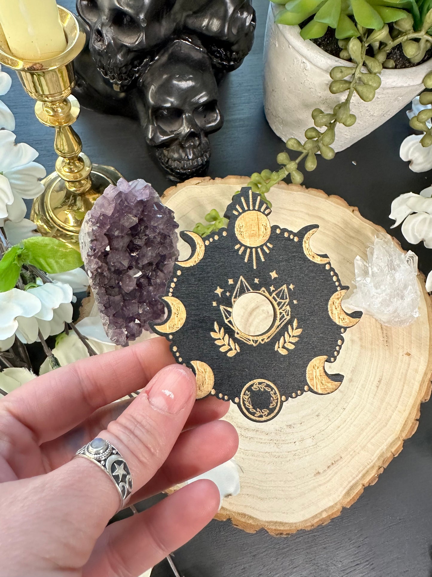 Wooden moon phase sphere holder