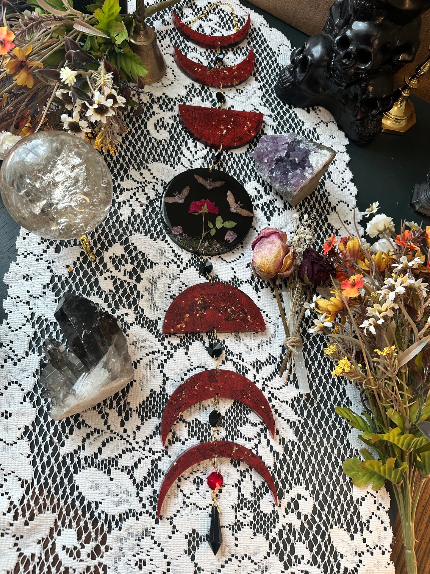 Vampire red bat floral moon phase wall hang