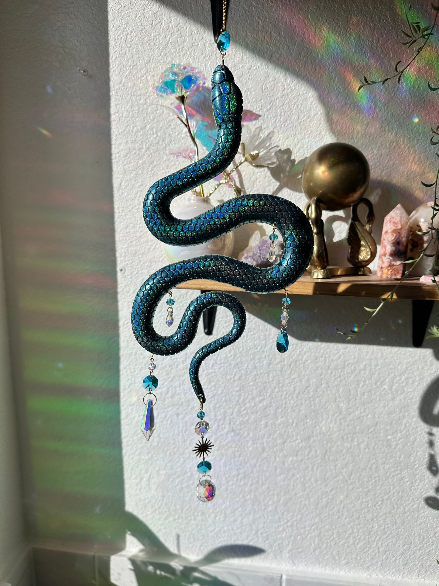 Blue holographic resin snake sun catcher