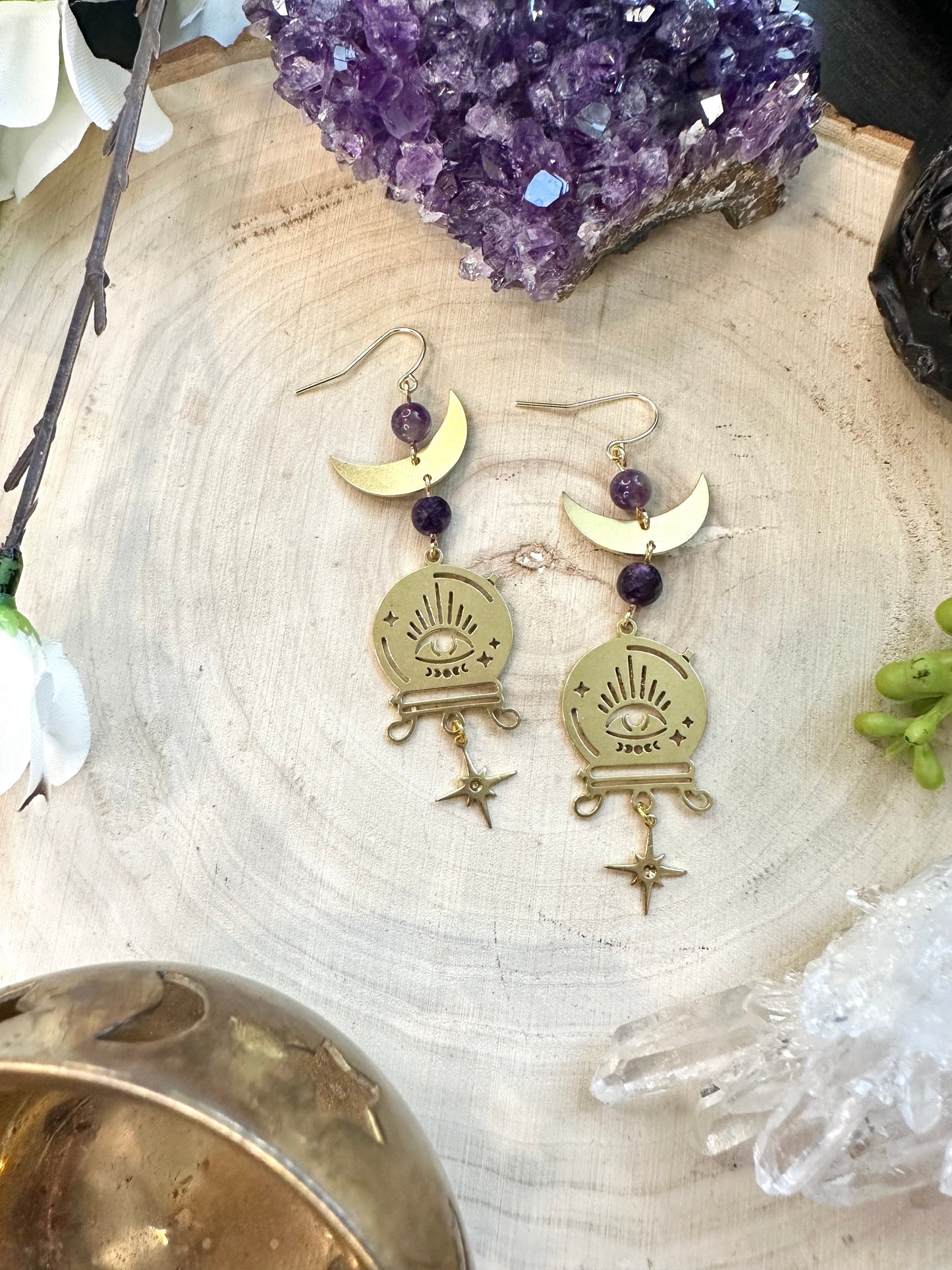 Amethyst crystal ball celestial earrings