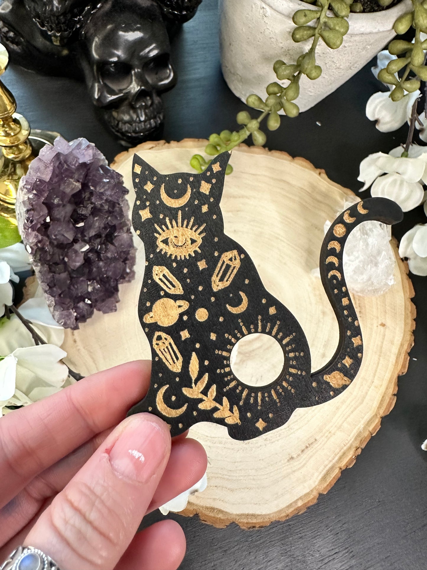 Wood Celestial cat sphere holder
