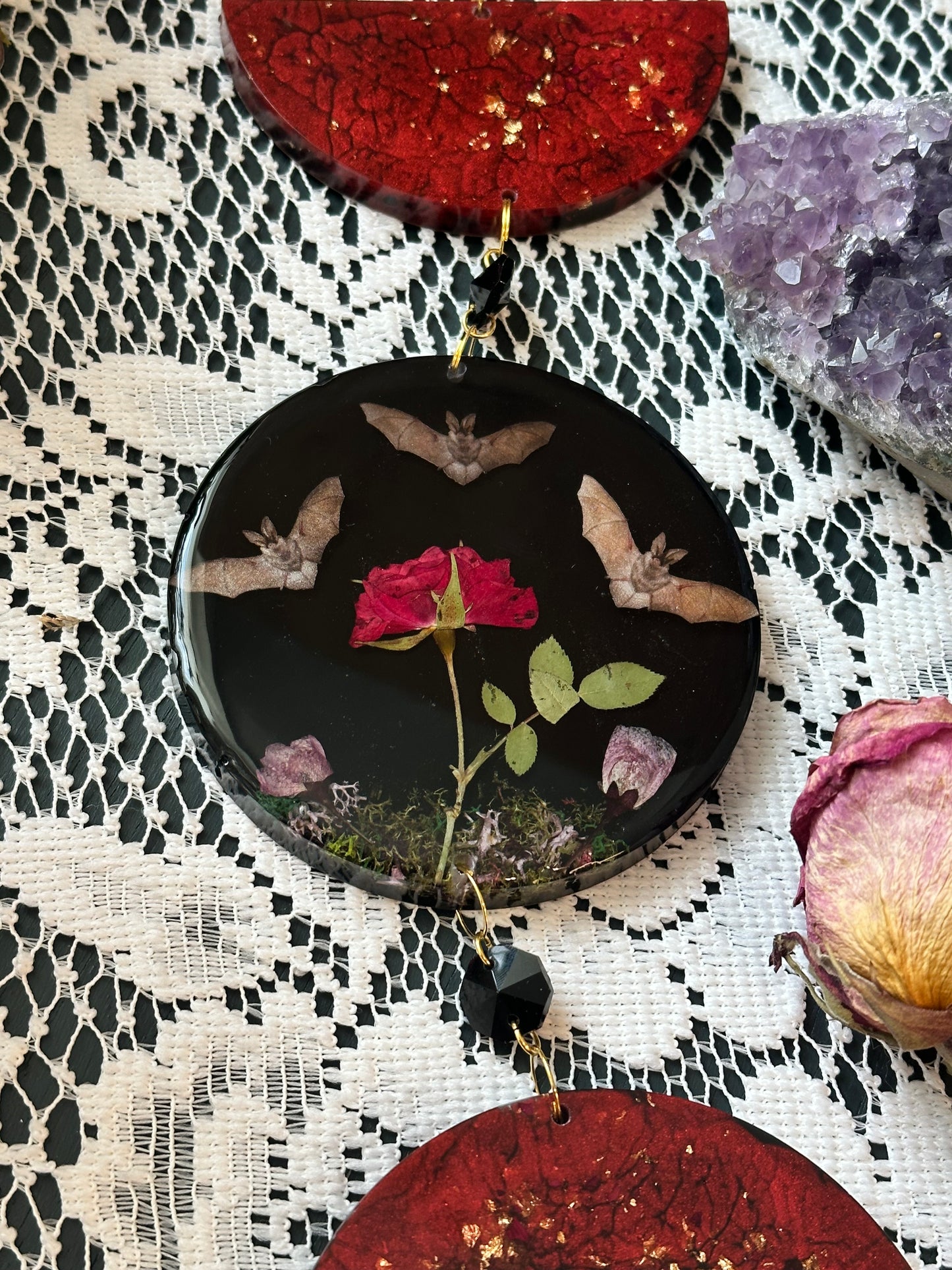 Vampire red bat floral moon phase wall hang