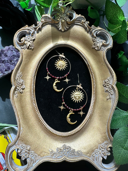 Garnet celestial hoop earrings