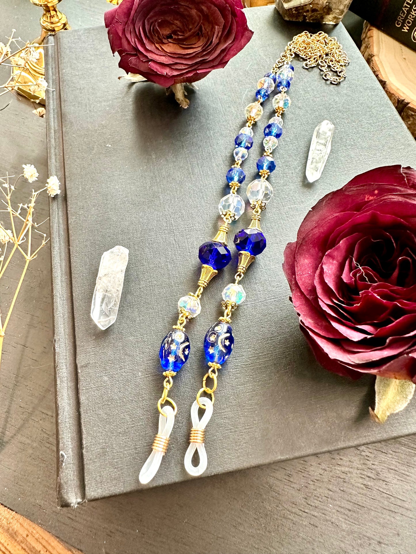 Blue and gold eye glasses holders