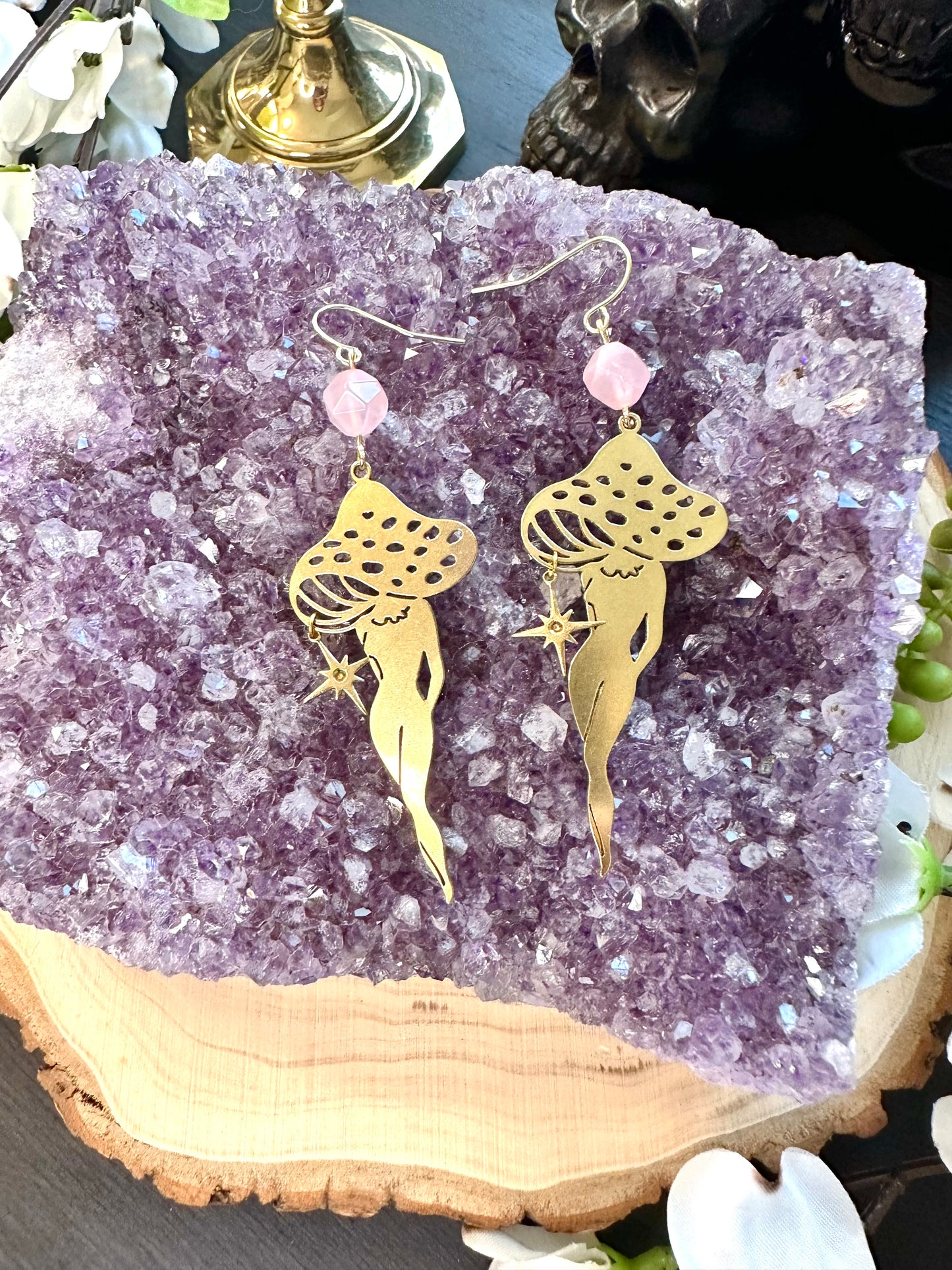 Rose quartz mushroom lady earrings