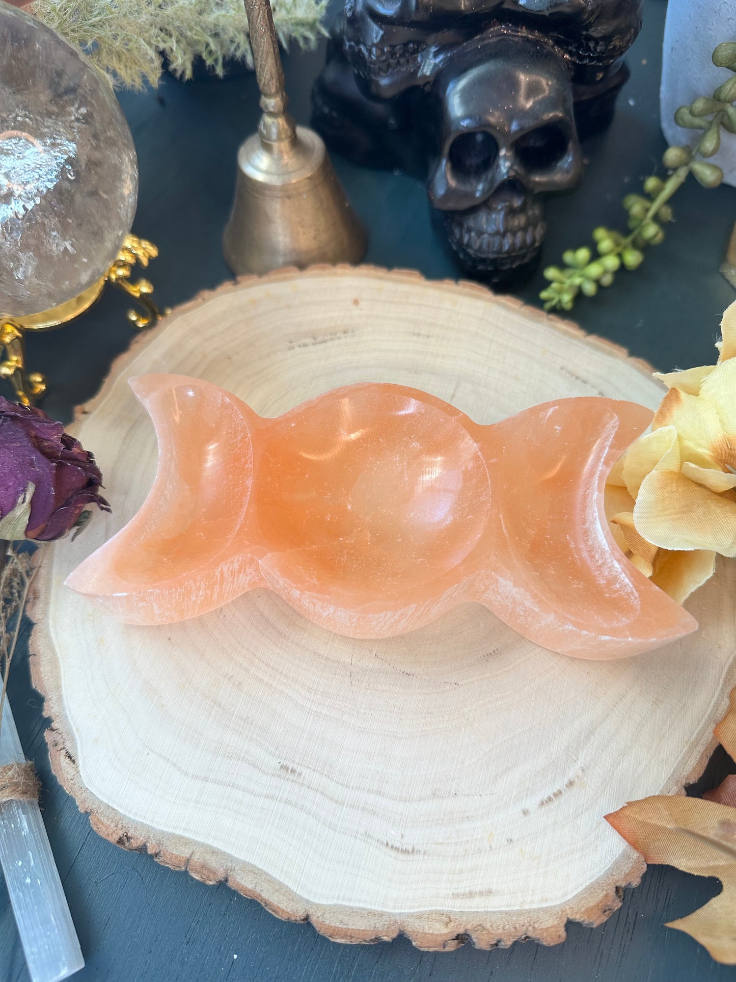 Peach selenite triple moon charging trinket bowl