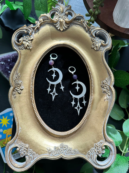 Amethyst moon and stars earrings