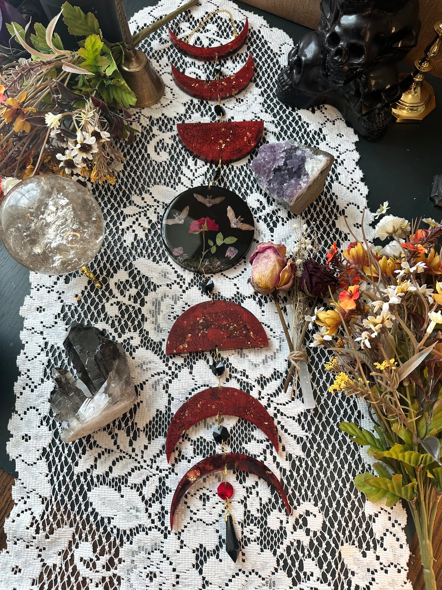 Vampire red bat floral moon phase wall hang