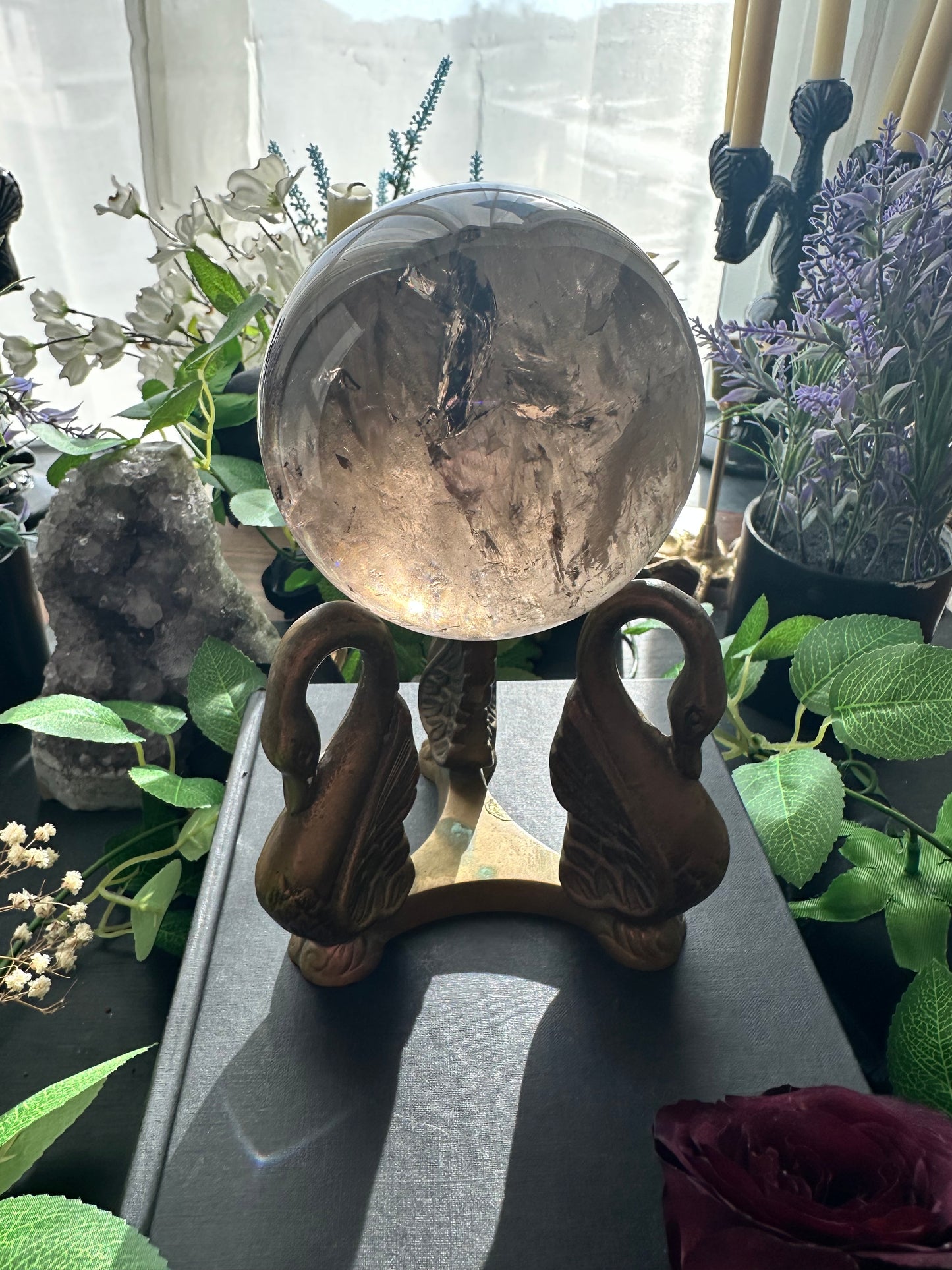 Vintage brass swan sphere holder