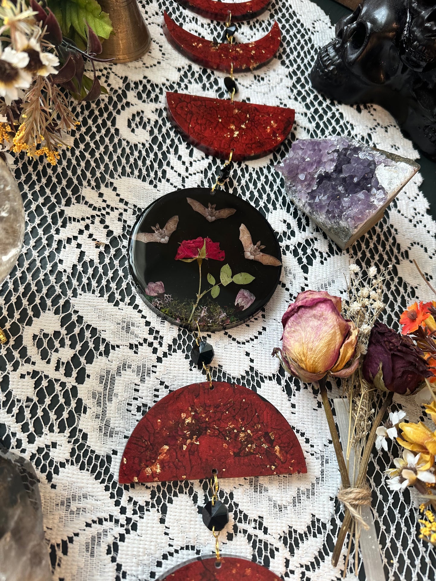 Vampire red bat floral moon phase wall hang