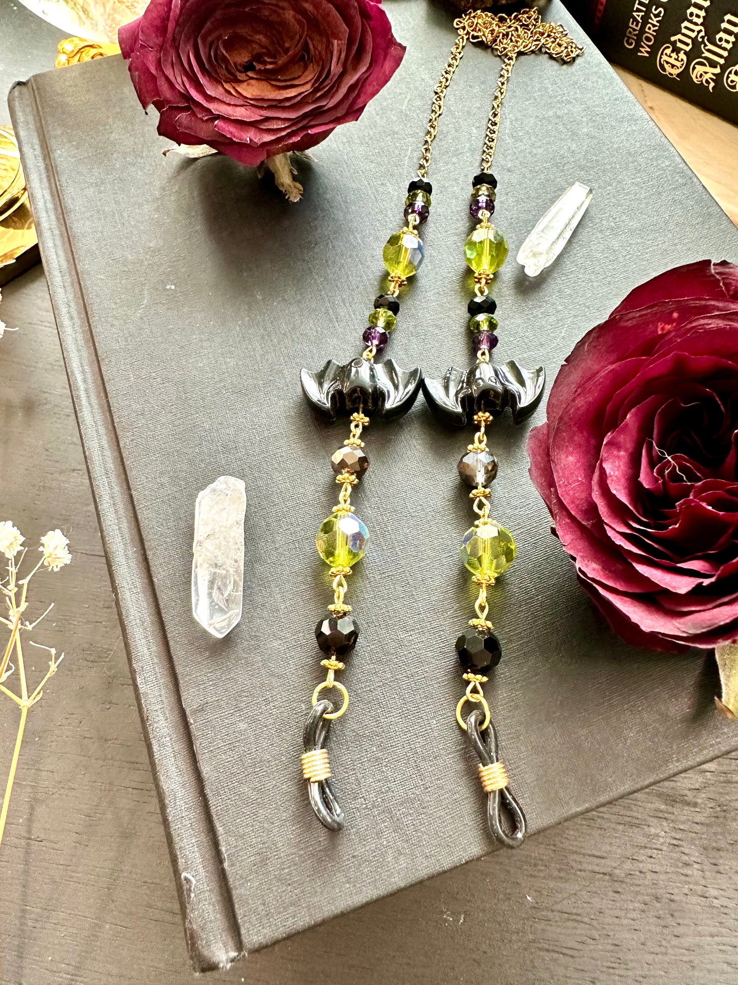 Green, purple, black, bats eye glasses holders