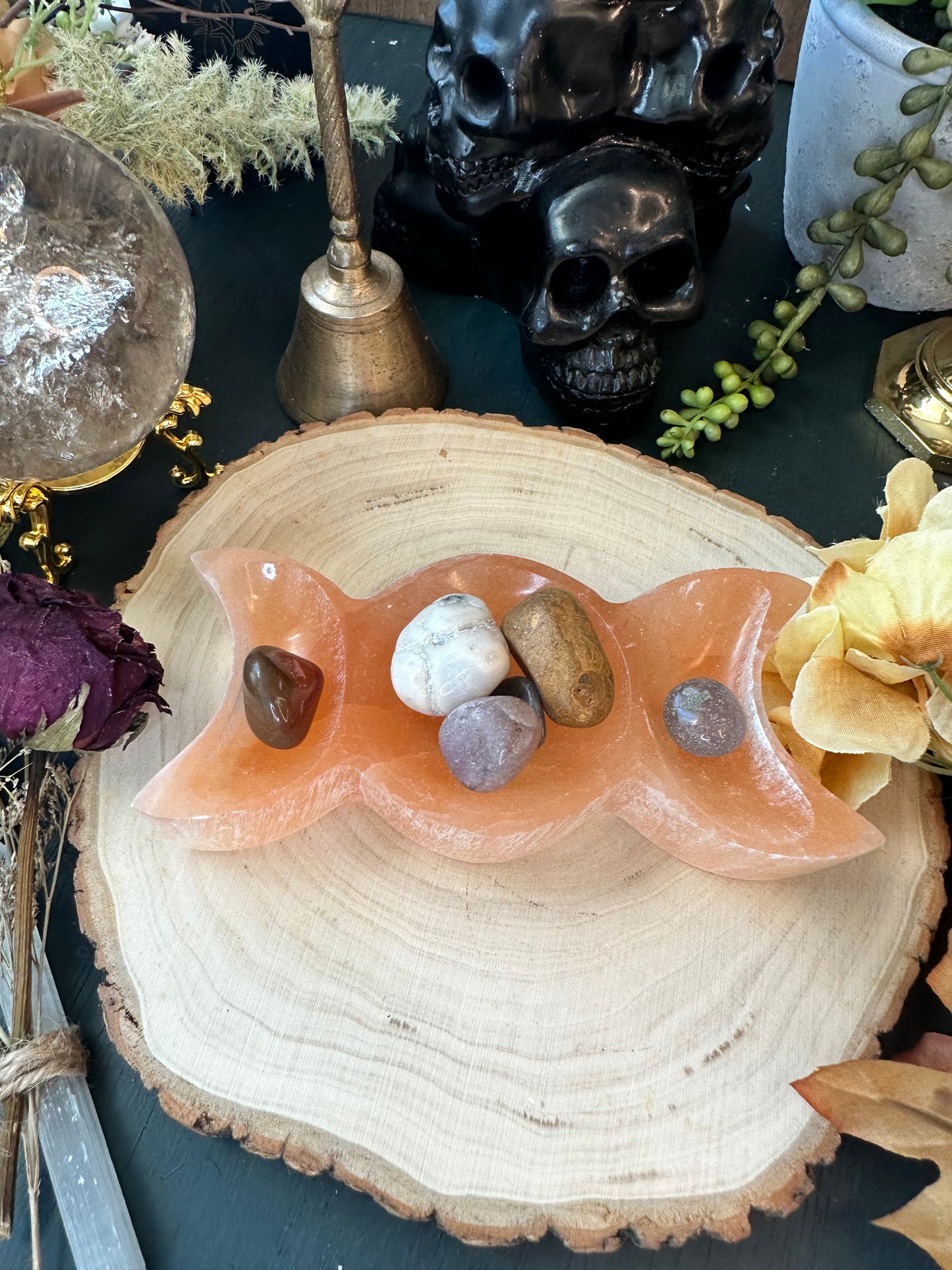 Peach selenite triple moon charging trinket bowl