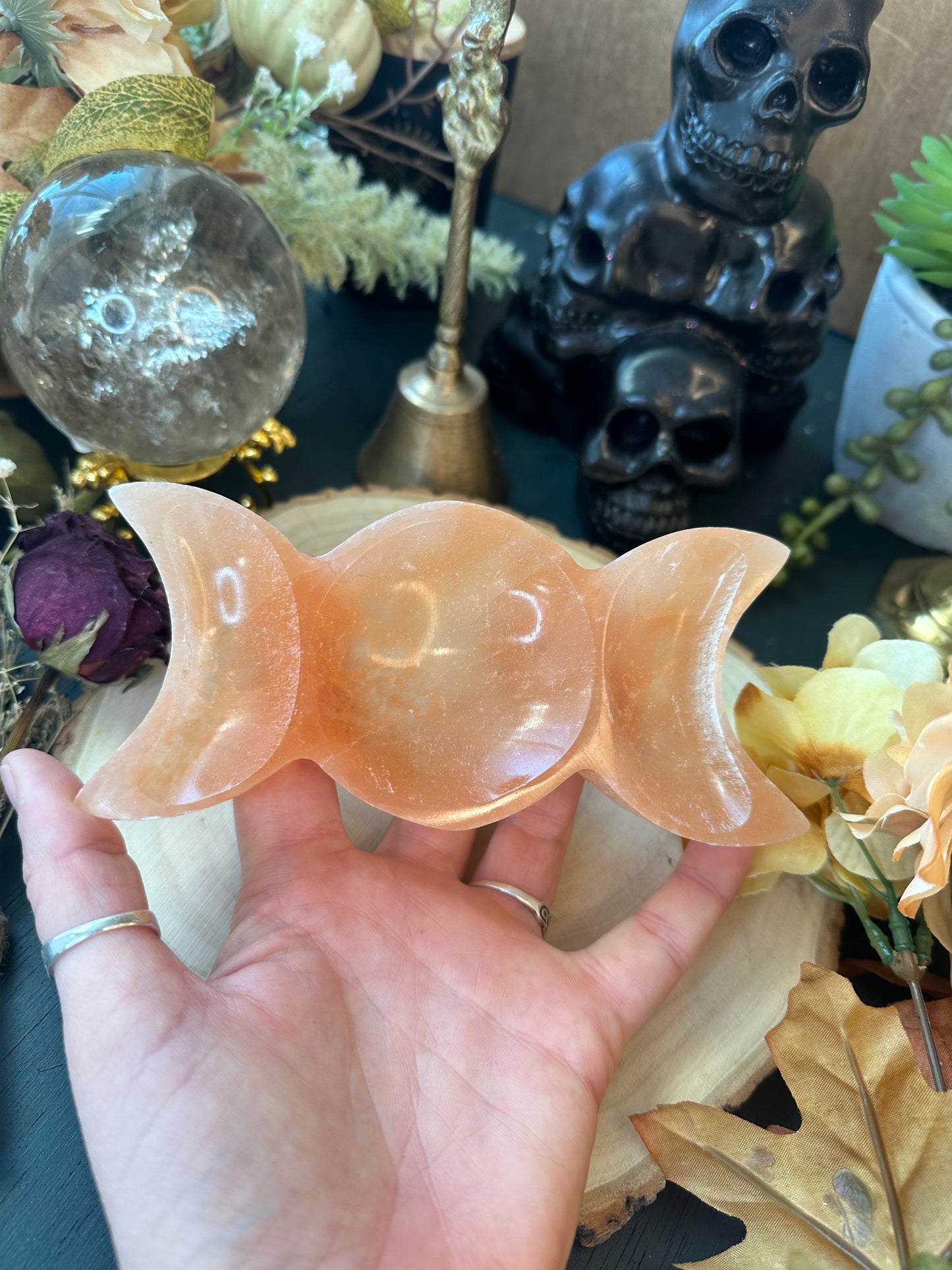 Peach selenite triple moon charging trinket bowl