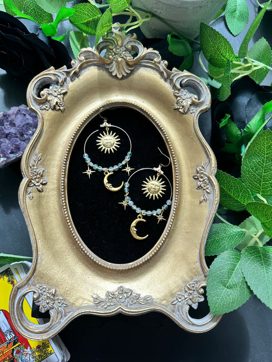 Moss agate celestial hoop earrings