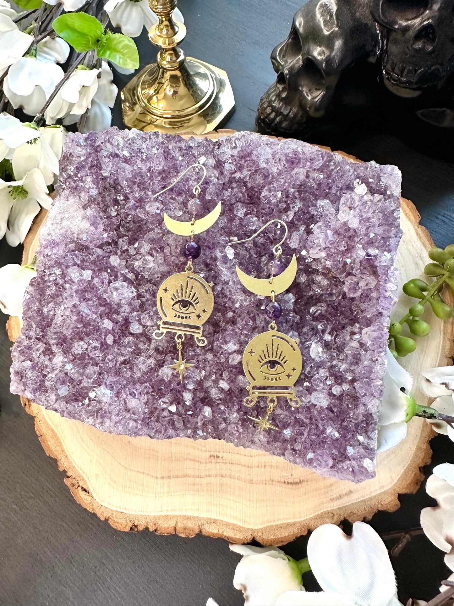 Amethyst crystal ball celestial earrings