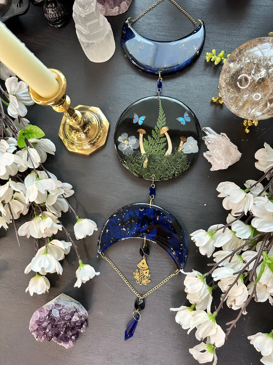 Blue morpho mushroom garden triple moon wall hang
