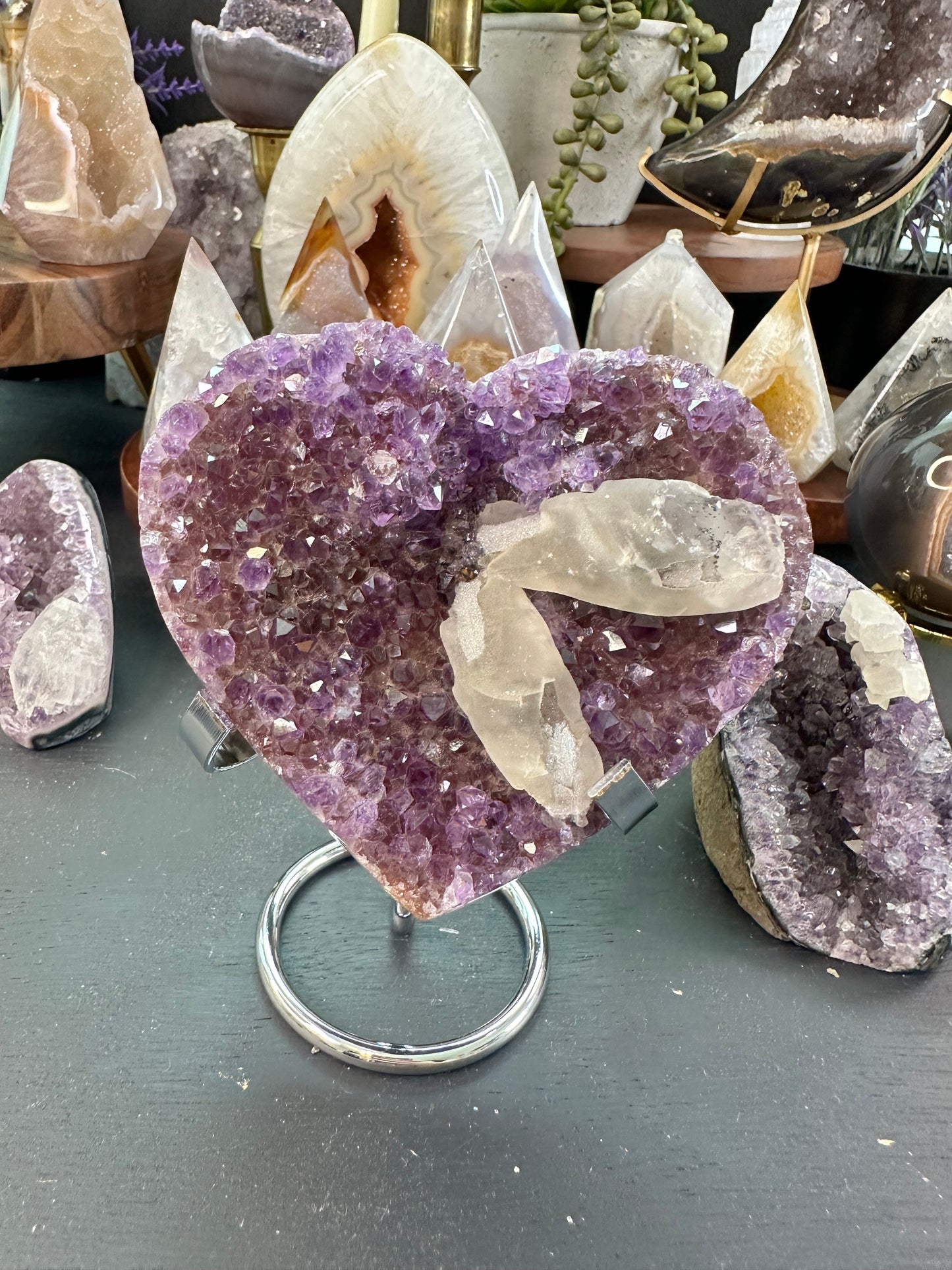 Amethyst with calcite heart with stand