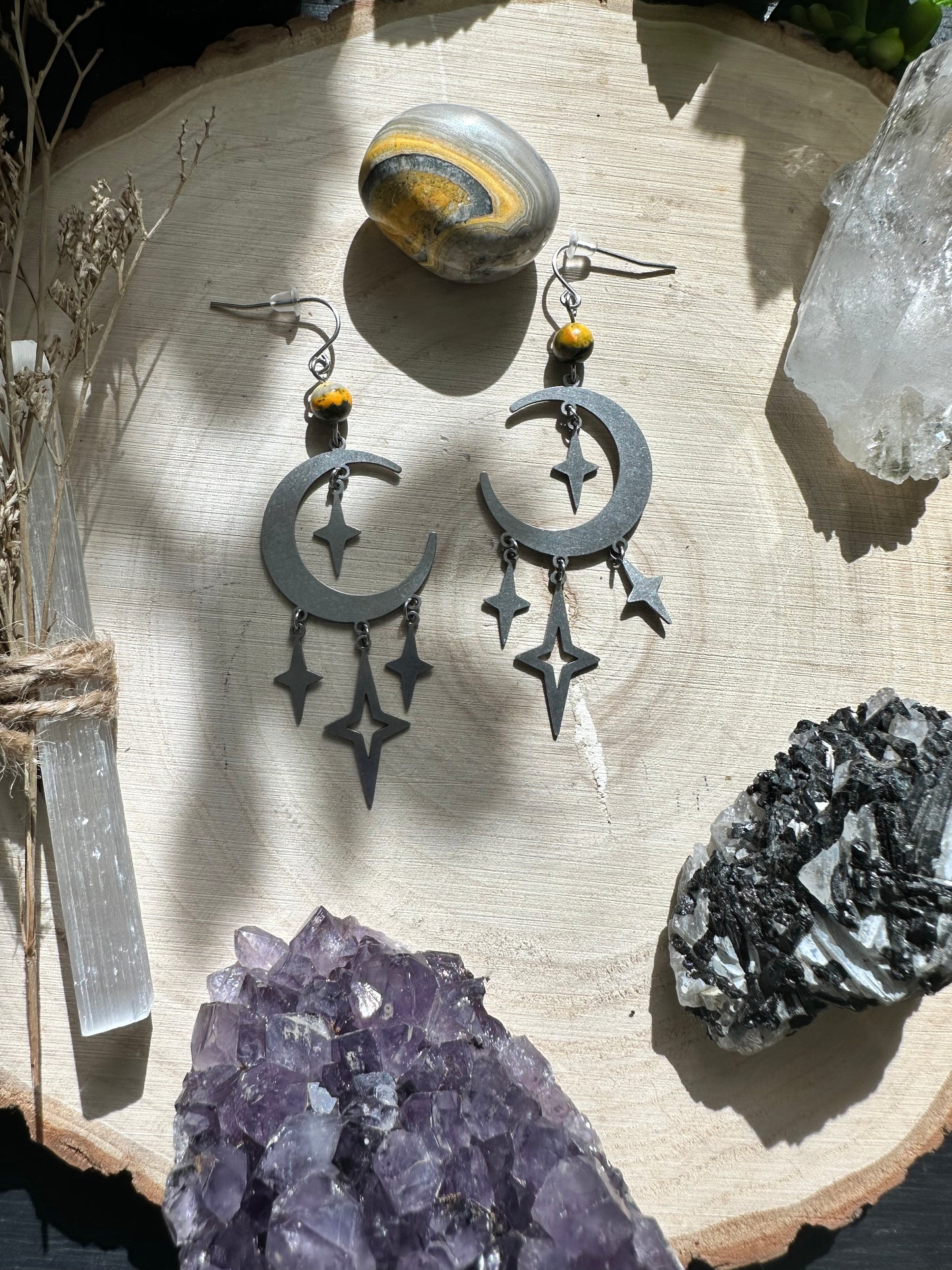 Bumble Bee Jasper Moon with stars Earrings