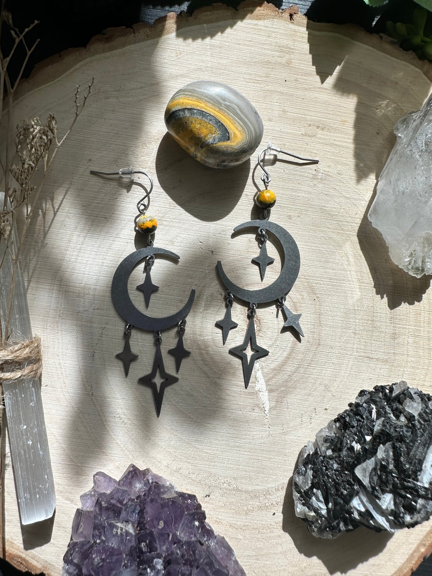 Bumble Bee Jasper Moon with stars Earrings