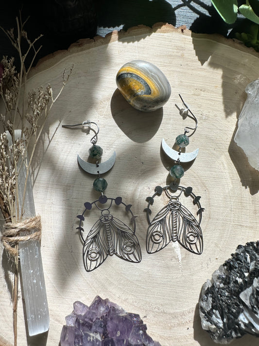 Moss Agate Moon Moth Earrings