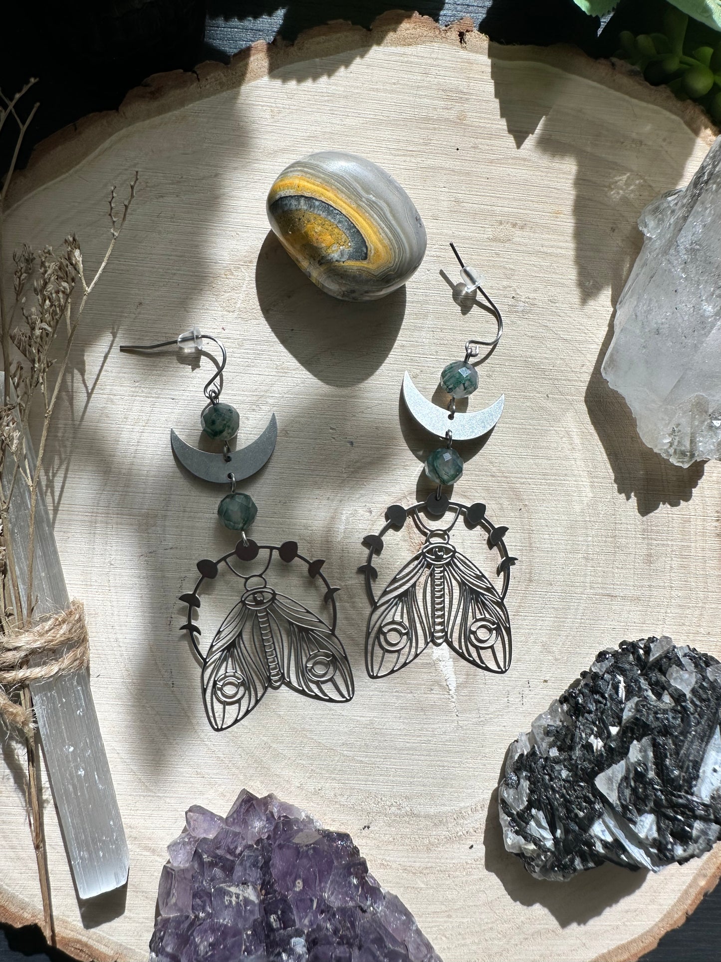 Moss Agate Moon Moth Earrings