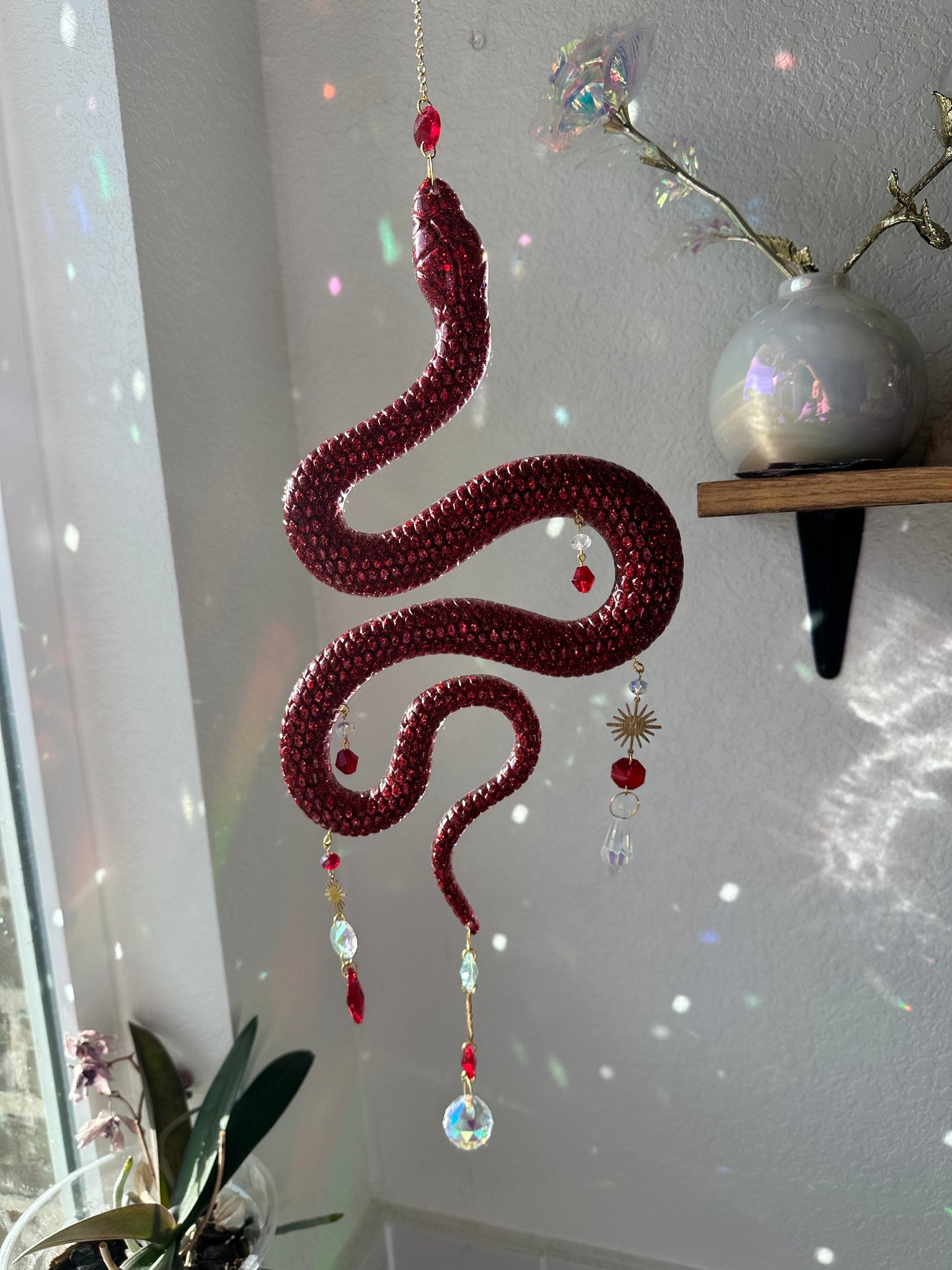 Red Holographic Glitter Snake Sun Catcher Wall Hang