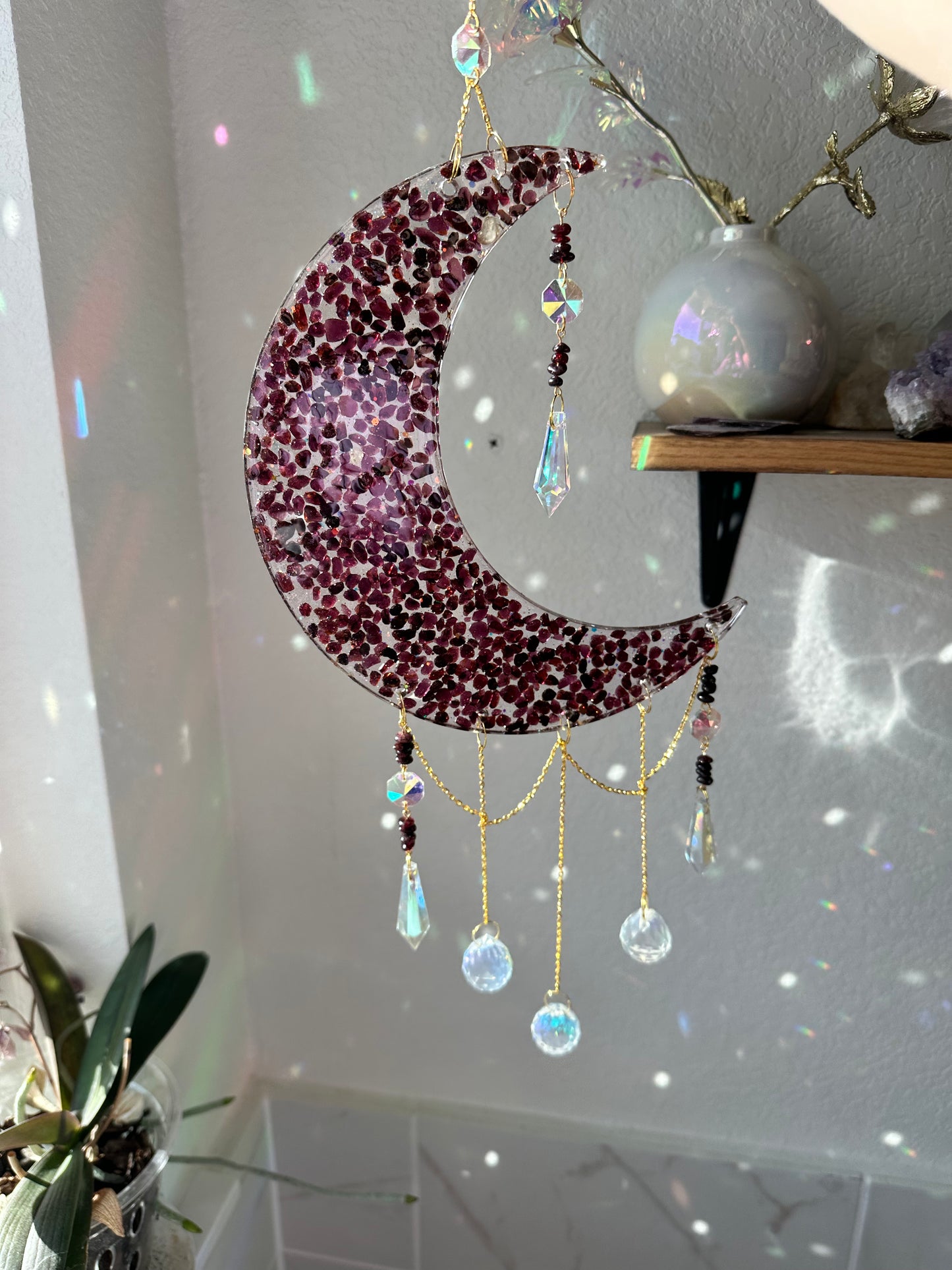 Garnet Chip Crescent Moon Sun Catcher Wall Hang