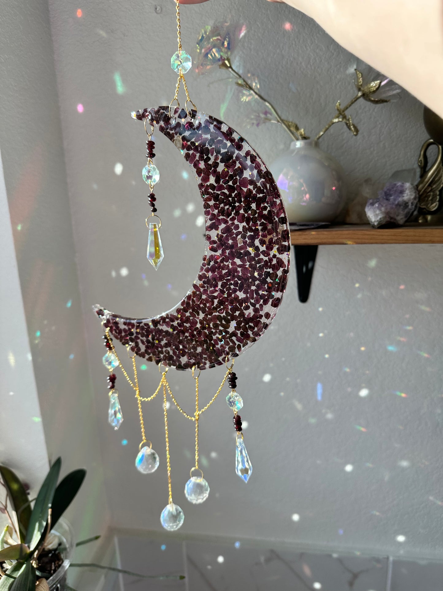 Garnet Chip Crescent Moon Sun Catcher Wall Hang