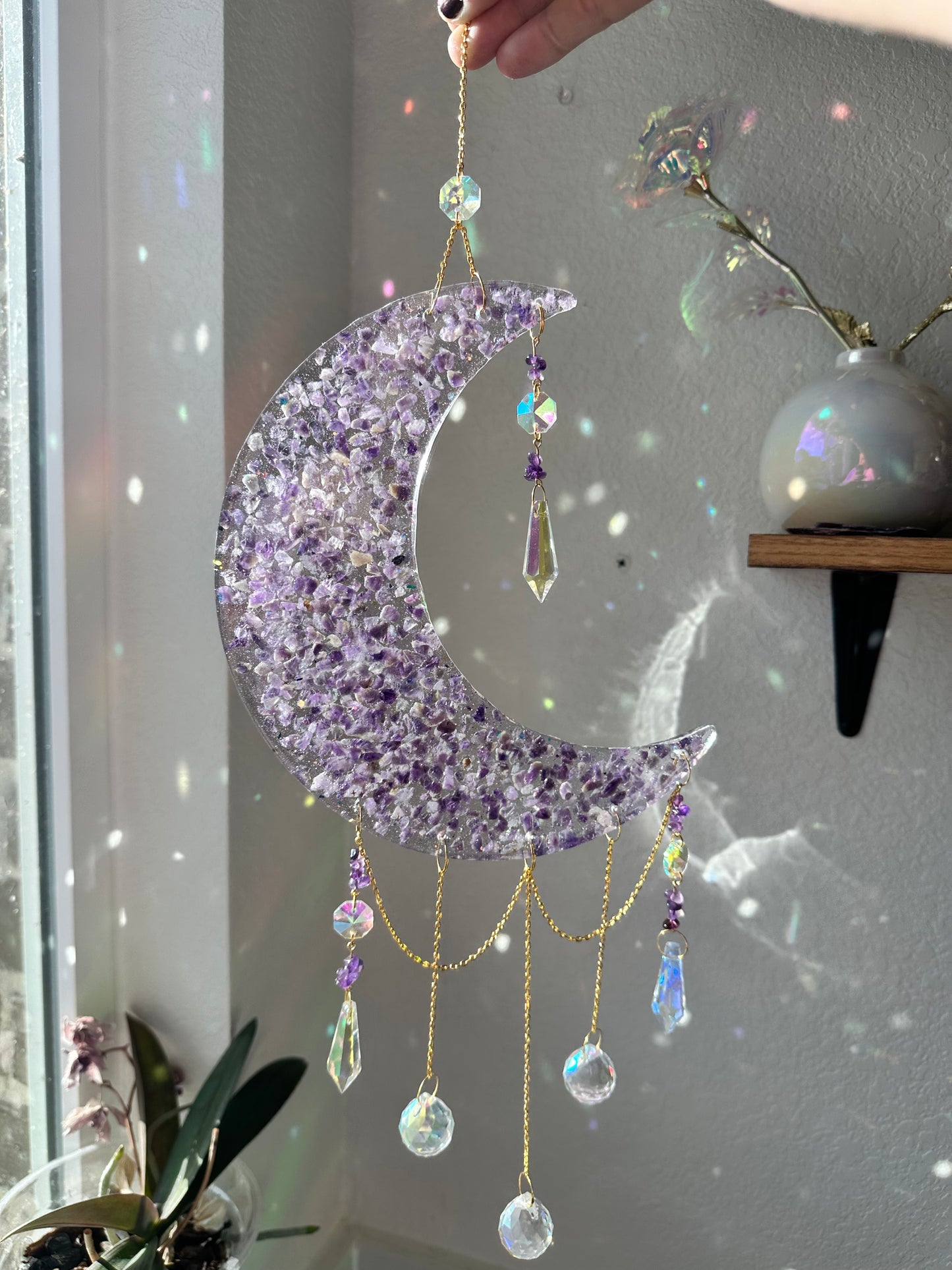 Amethyst Crysts Chip Crescent Moon Sun Catcher Wall Hang