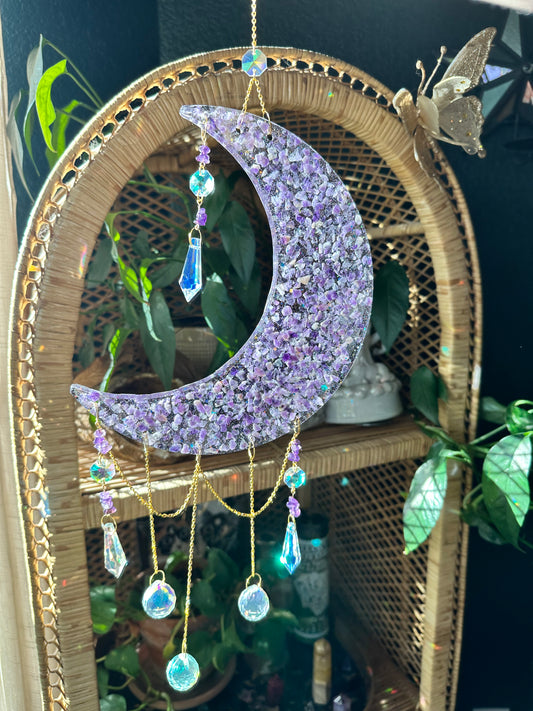 Amethyst Crysts Chip Crescent Moon Sun Catcher Wall Hang