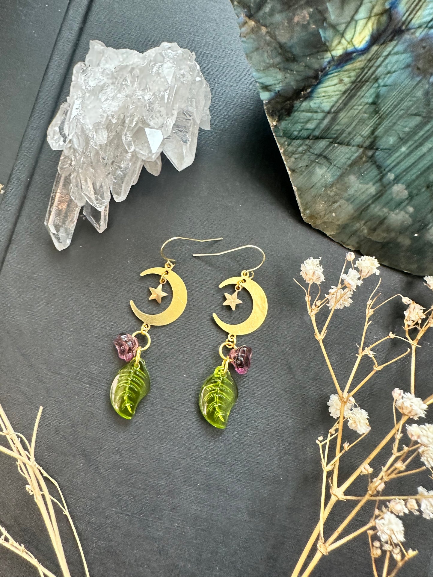 Leaf and Flower Whimsical Moon Earrings