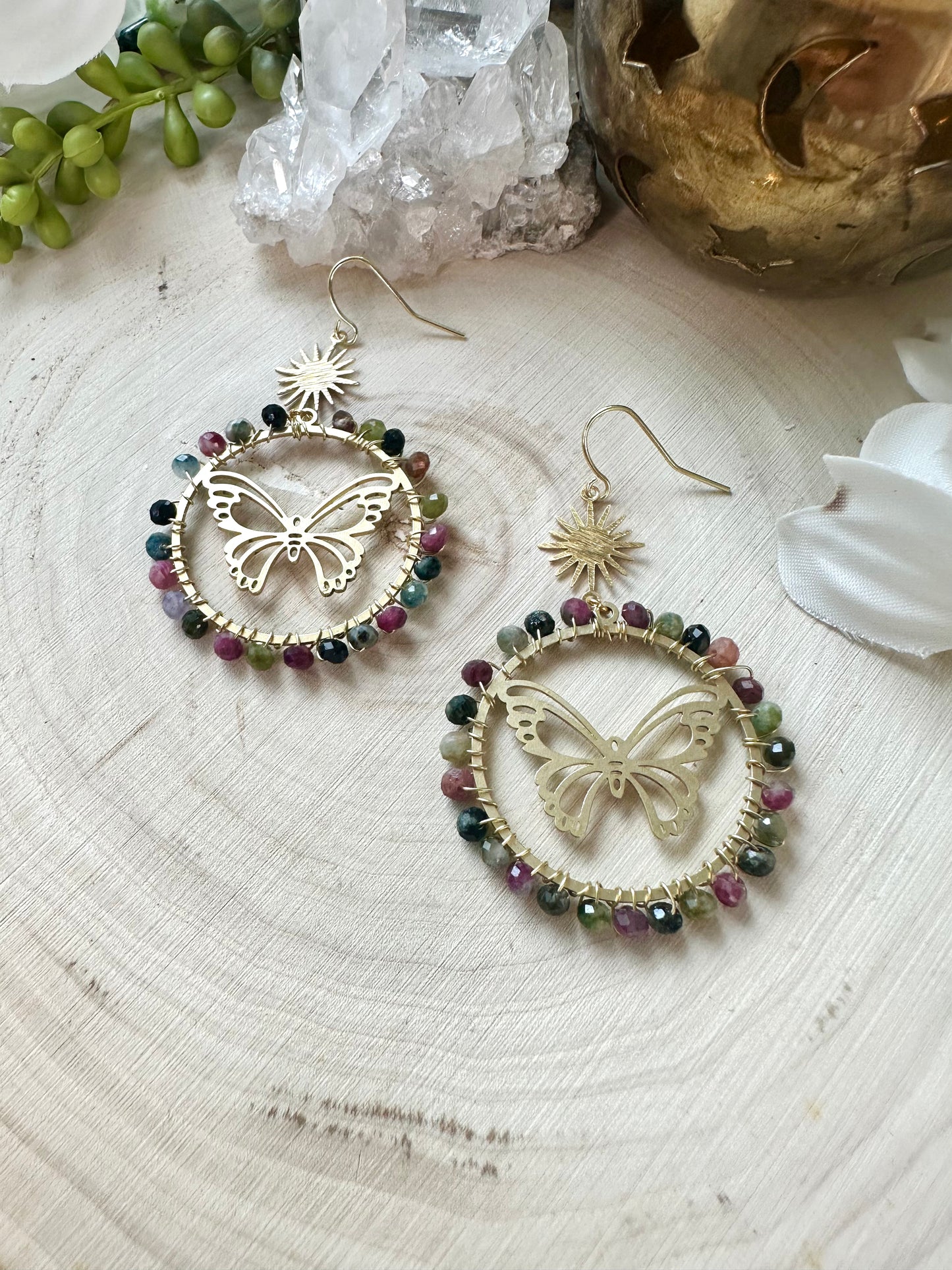 Rainbow tourmaline wrapped butterfly earrings