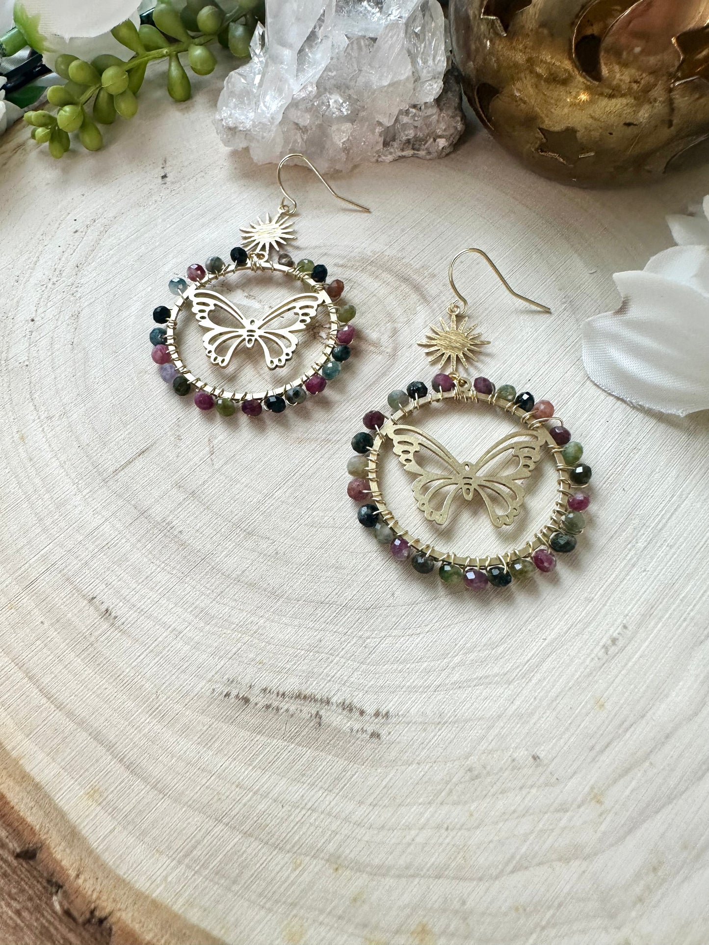 Rainbow tourmaline wrapped butterfly earrings
