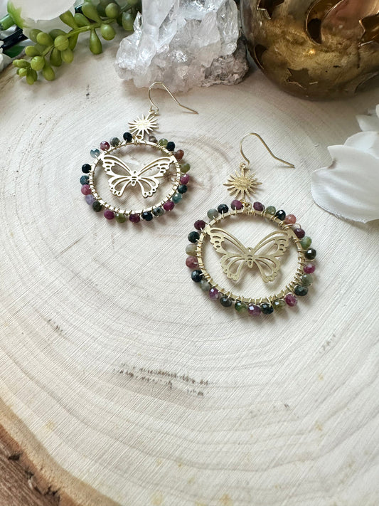 Rainbow tourmaline wrapped butterfly earrings