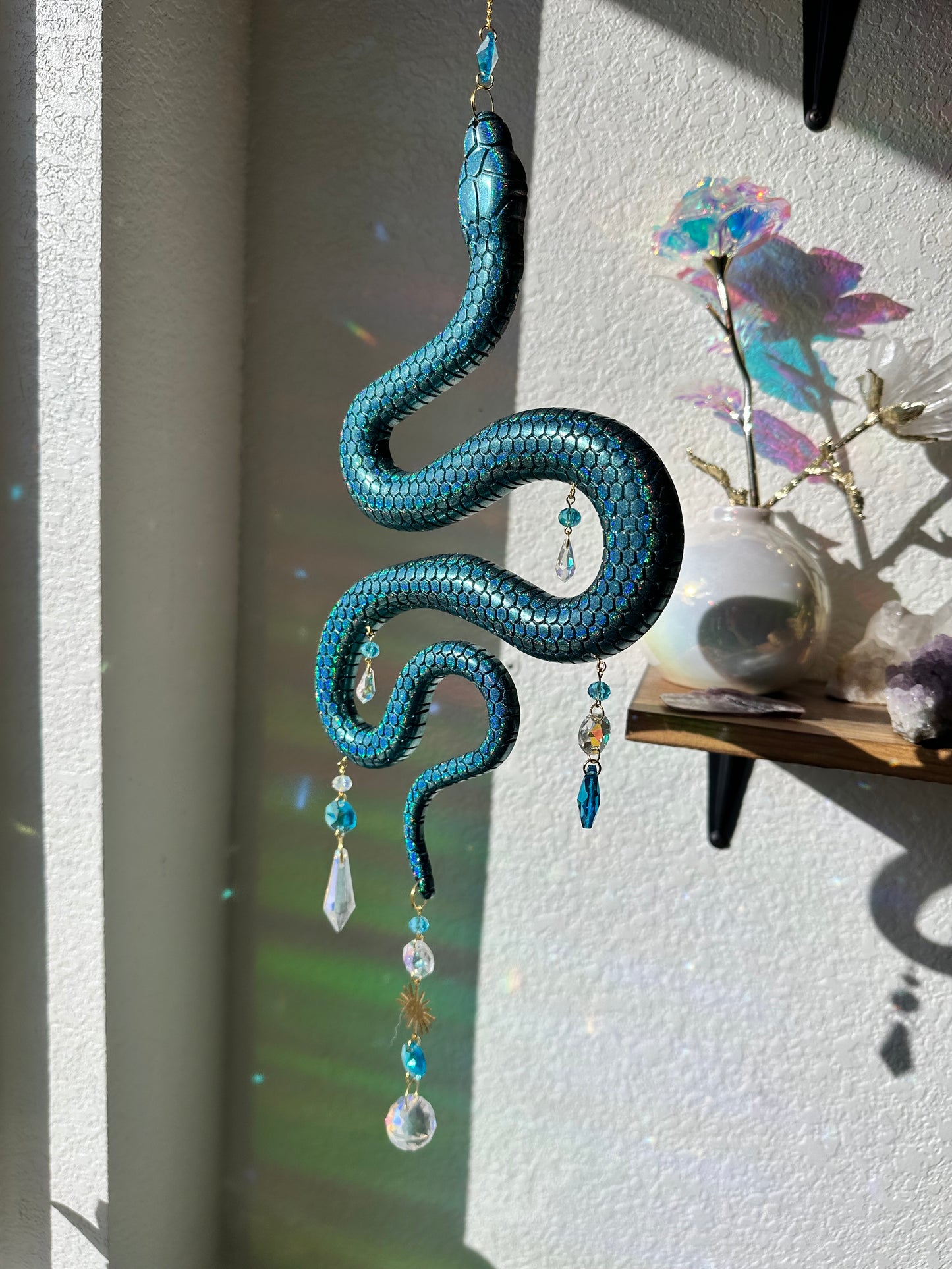 Blue holographic resin snake sun catcher