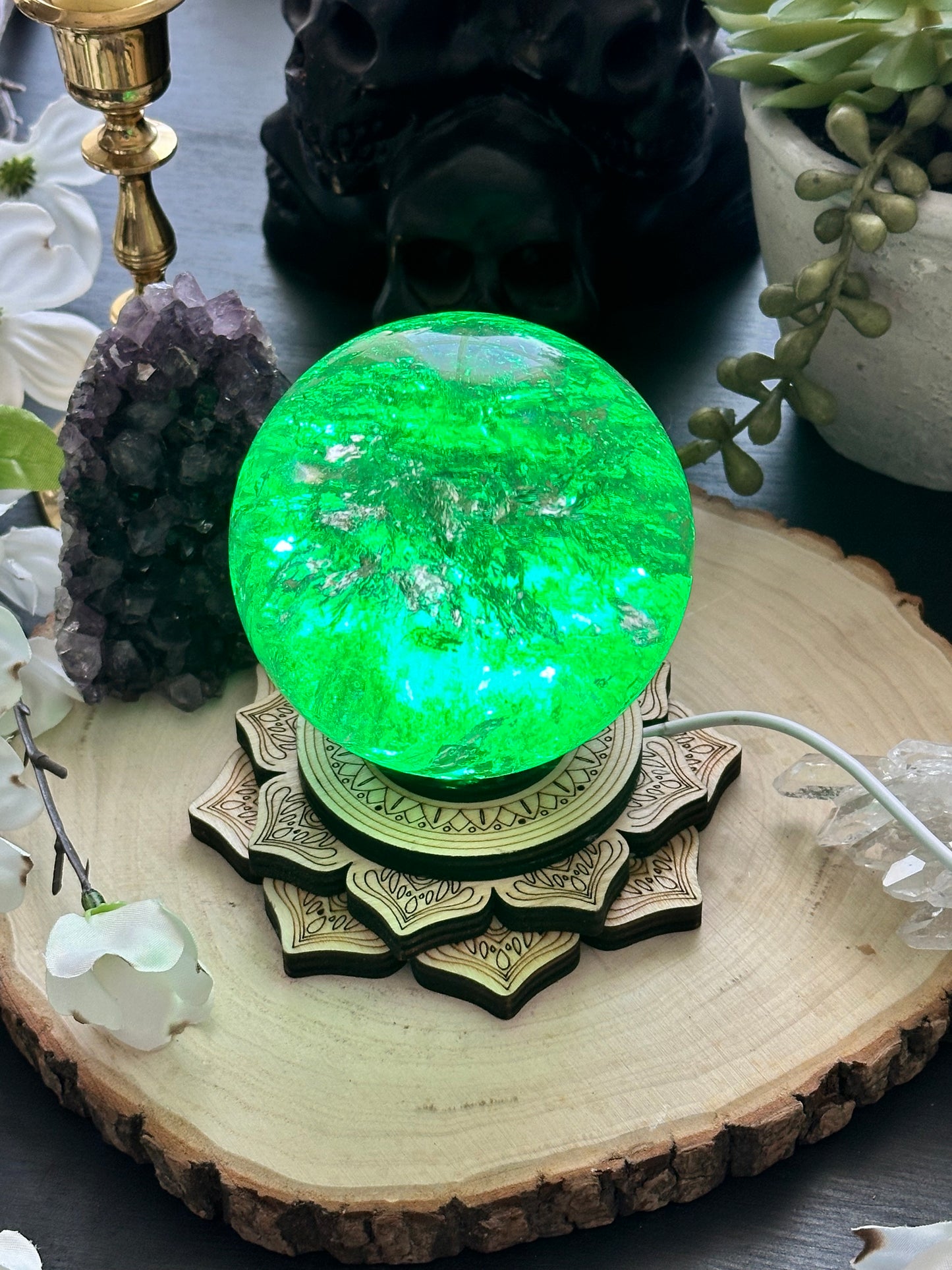 Wood lotus led lighted sphere holder stand