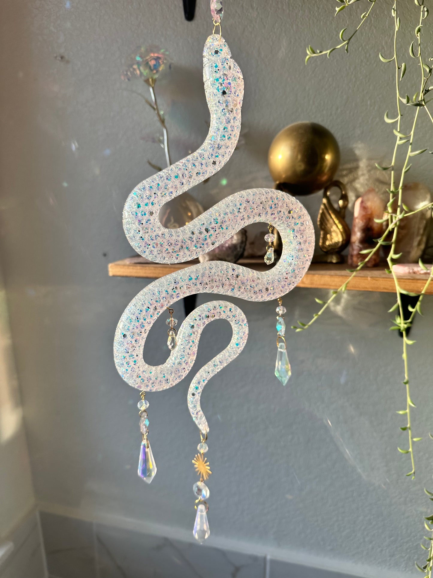 White glitter resin snake sun-catcher