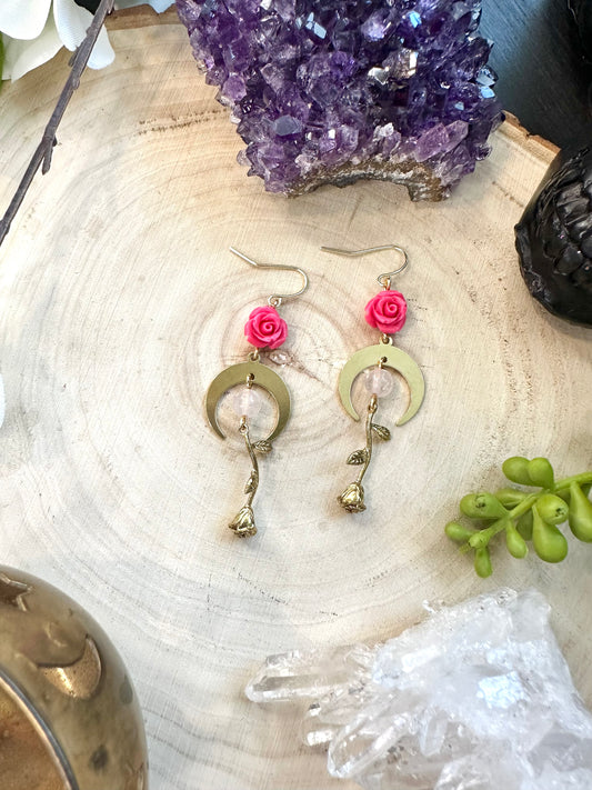 Rose quartz rose earrings