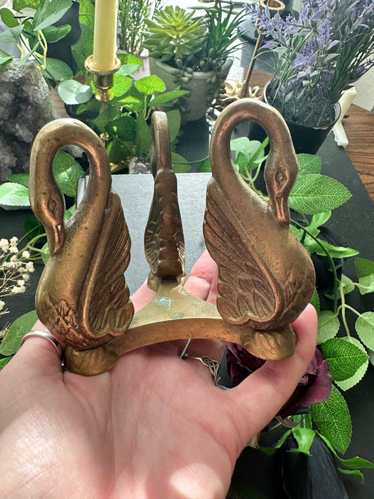 Vintage brass swan sphere holder