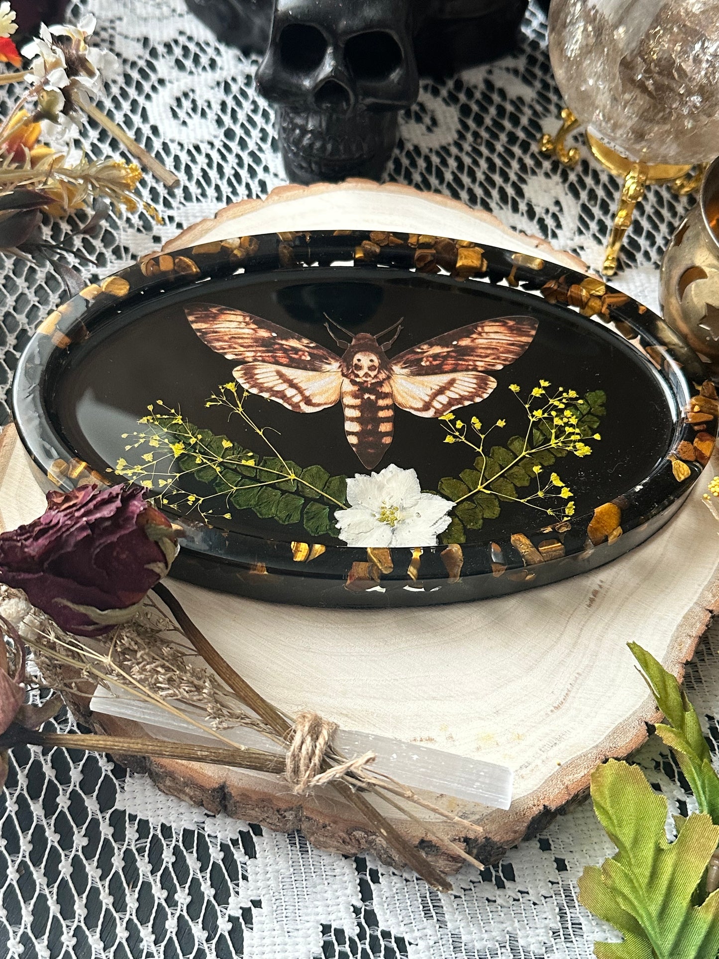 Black tourmaline and tigers eye death moth oval trinket tray