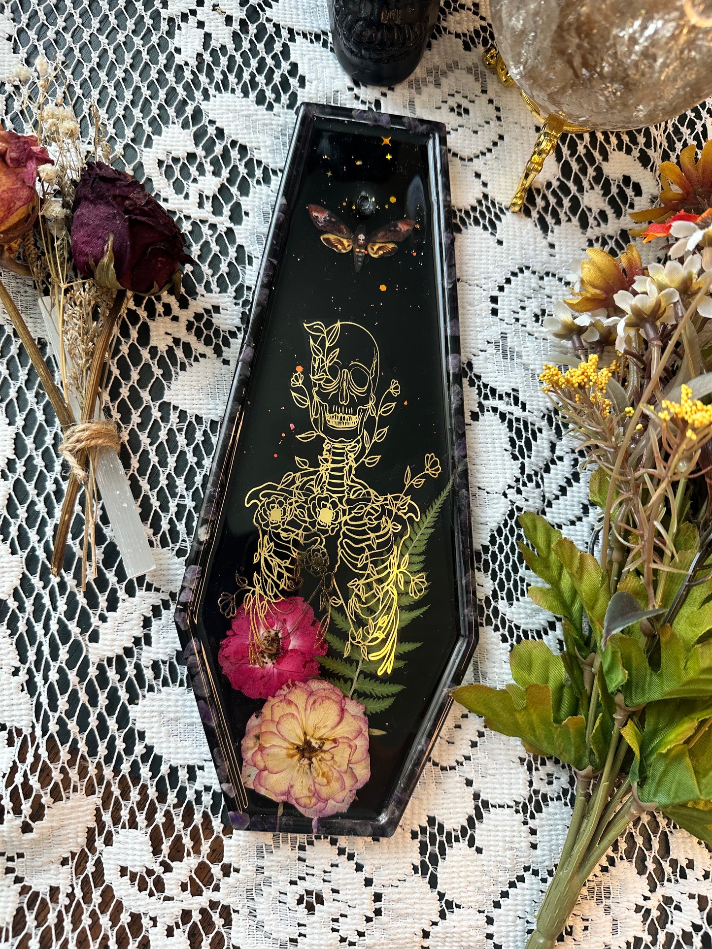 Amethyst floral skeleton coffin incense holder