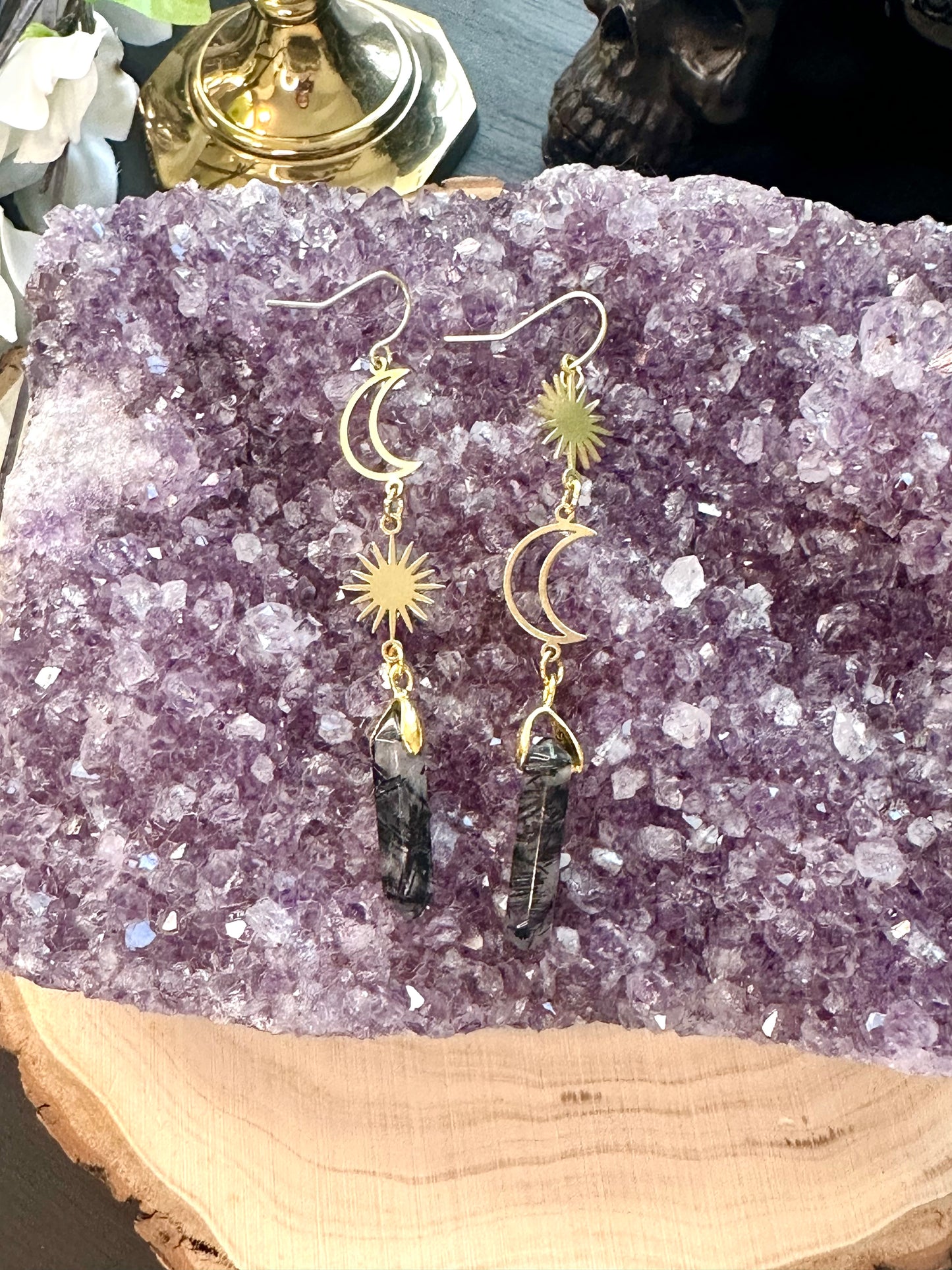 Black tourmaline in quartz moon and sun earrings