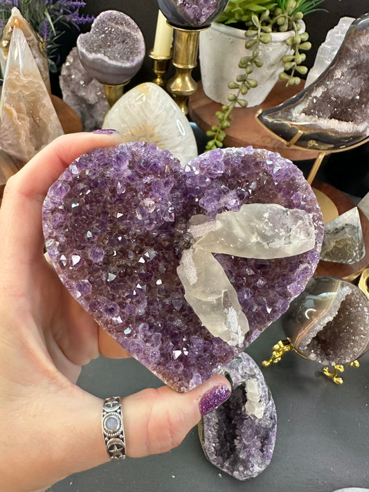 Amethyst with calcite heart with stand