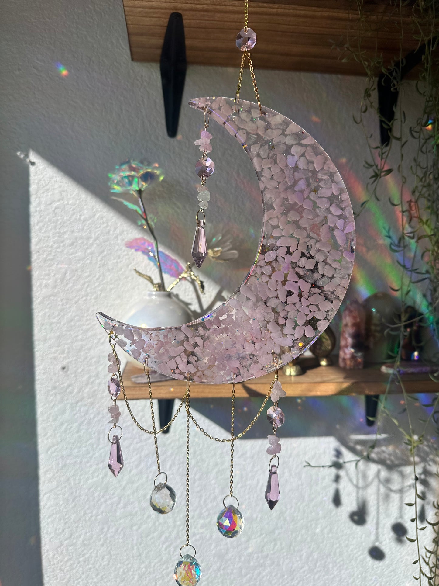 Rose quartz beaded crescent moon sun-catcher