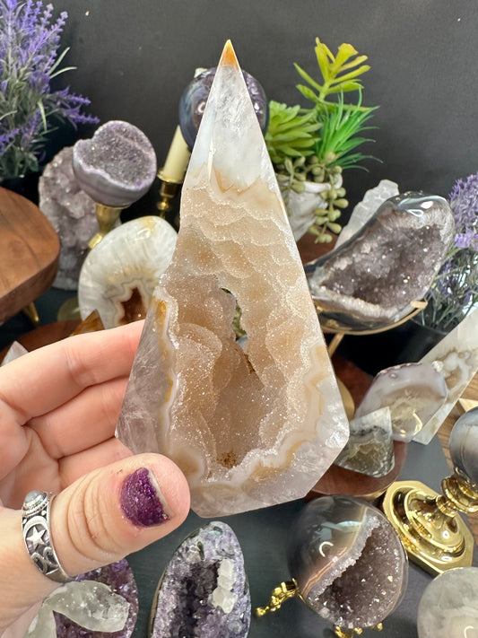Agate Freeform point with sugar druzy