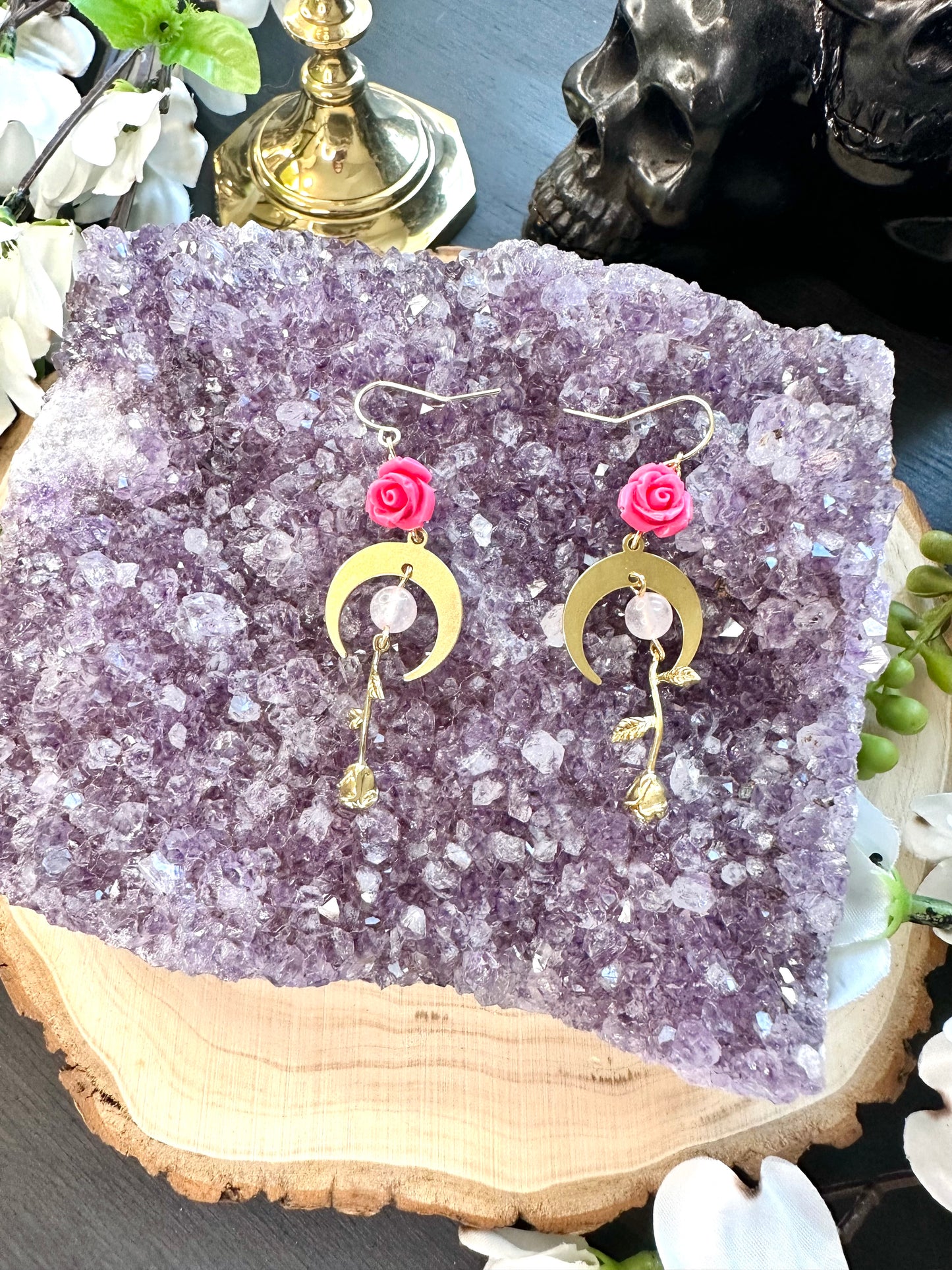 Rose quartz rose earrings