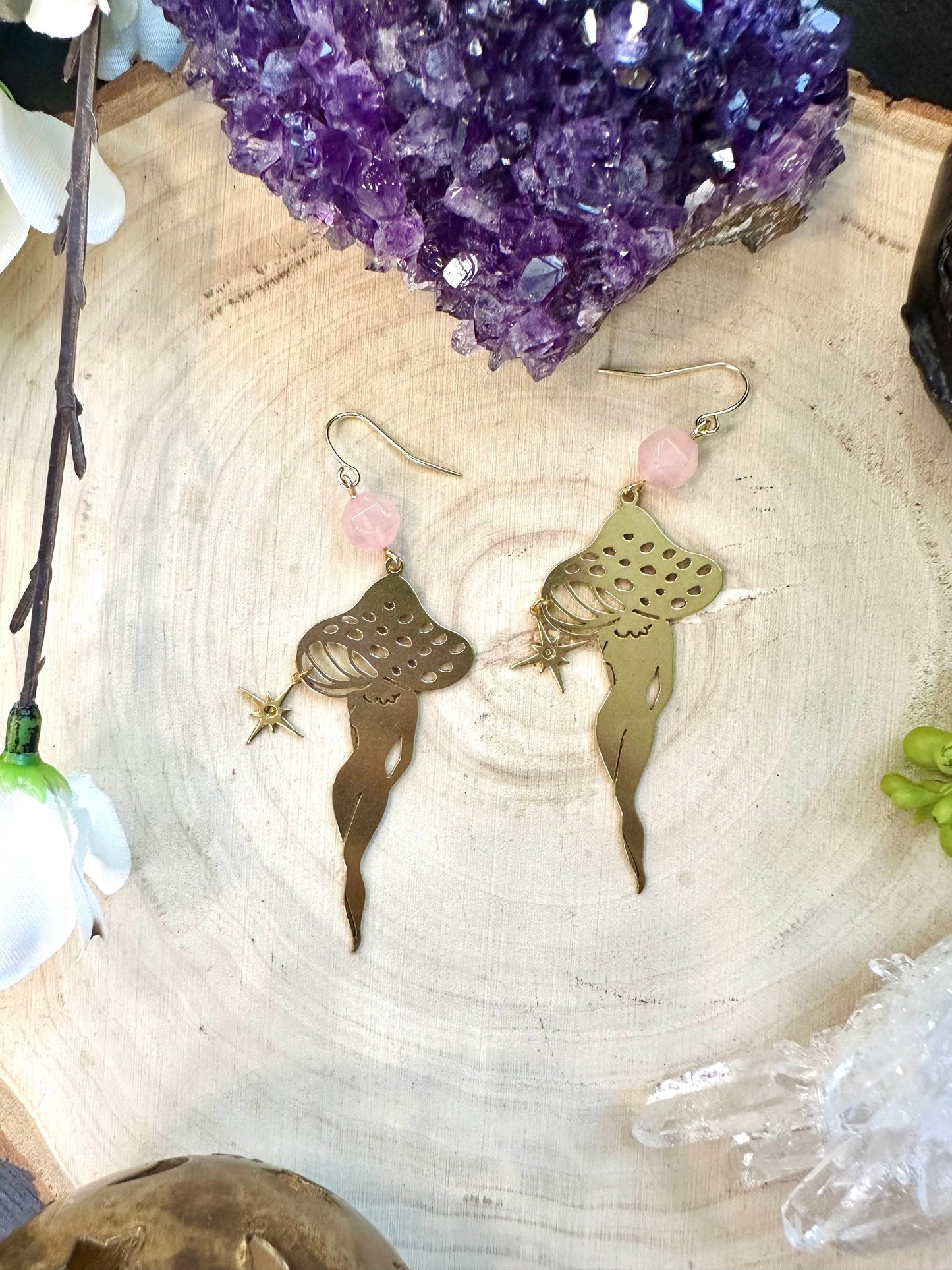 Rose quartz mushroom lady earrings